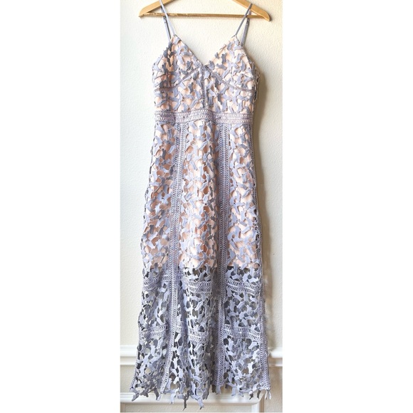 Elliatt Tingle Floral Crochet Lace Overlay Midi Dress Lilac Grey Purple Nude M - Picture 5 of 16